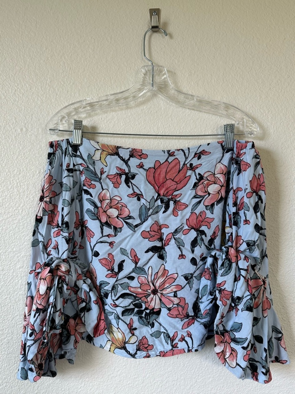Lulus Blue Coral Floral Off Shoulder Bell Sleeve Blouse Top Boho Medium